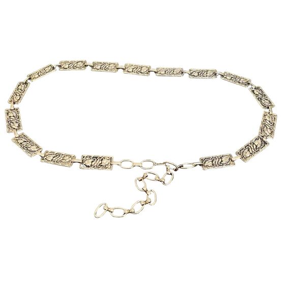 Metal Chain Belt Women’s XL Silvertone Boho Hipster Floral Dangle 38” Preowned - Picture 1 of 3